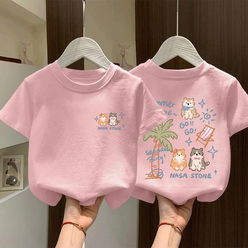 Estilo bonito dos desenhos animados crianças camiseta de manga curta rosa filhote de cachorro impressão solta All-Match 