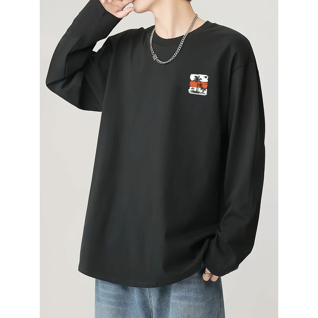 Masculino puro algodão 100% algodão All-Match em torno do pescoço de manga comprida camiseta masculina primavera outono 