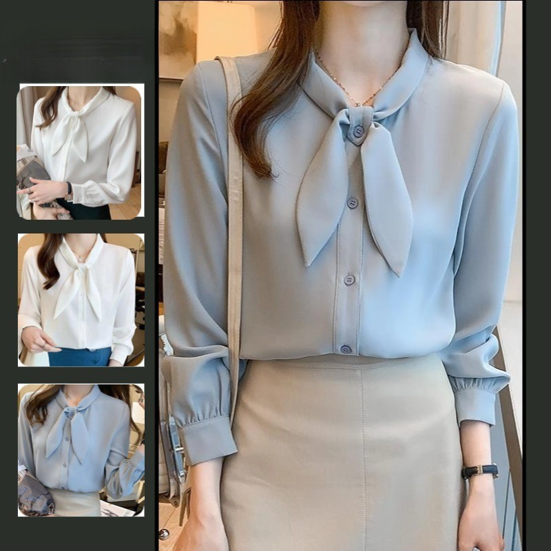 Primavera Chiffon arco camisa feminina de manga comprida versão coreana elegante Single-Breasted magro-ajuste topo