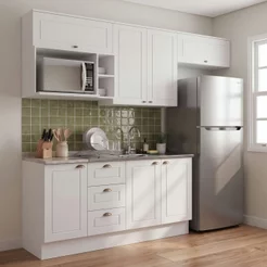 Cozinha Completa Modulada 6 Peças 100% MDF 7 Portas e Nicho para Microondas Branco/Calcare Emily Branco HP/Calcare