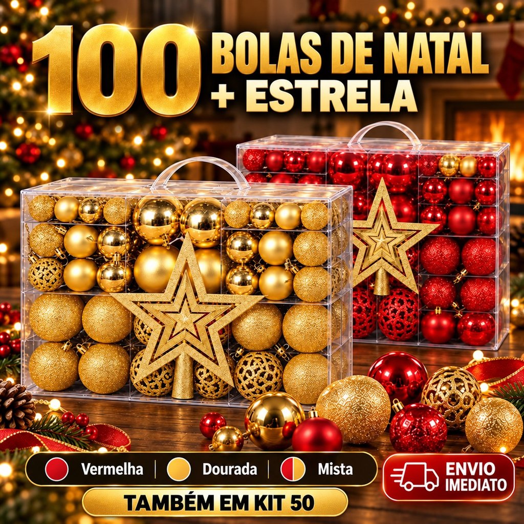 Kit 100 Bolas Natal + Estrela ou Kit 50 Enfeite Árvore Natalina Mista Vermelha Dourada Glitter Lisa