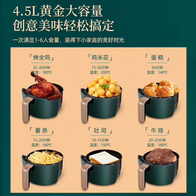 Fritadeira de ar sem óleo Changhong 4,5L verde escuro em uso com diversos alimentos