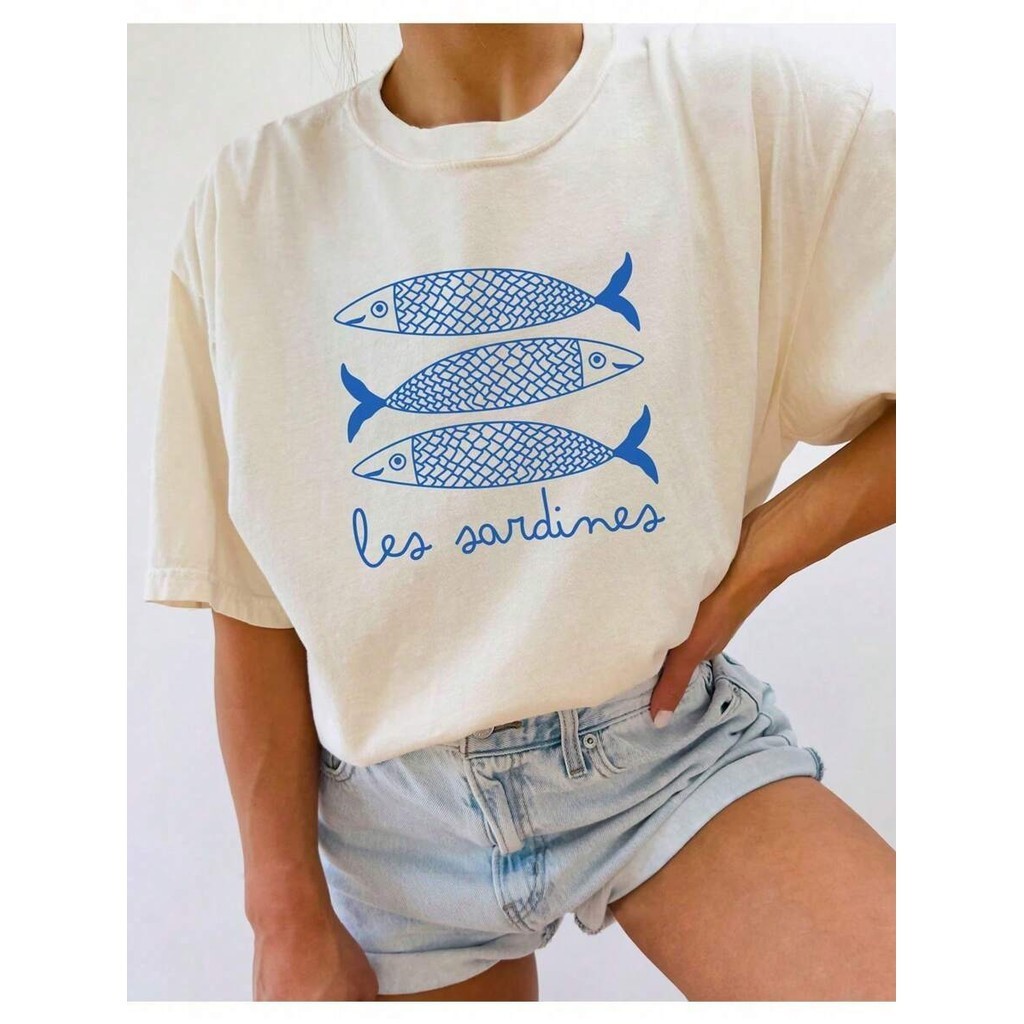 Camiseta Casual Sardinhas Blusa Feminina Estampa Peixes