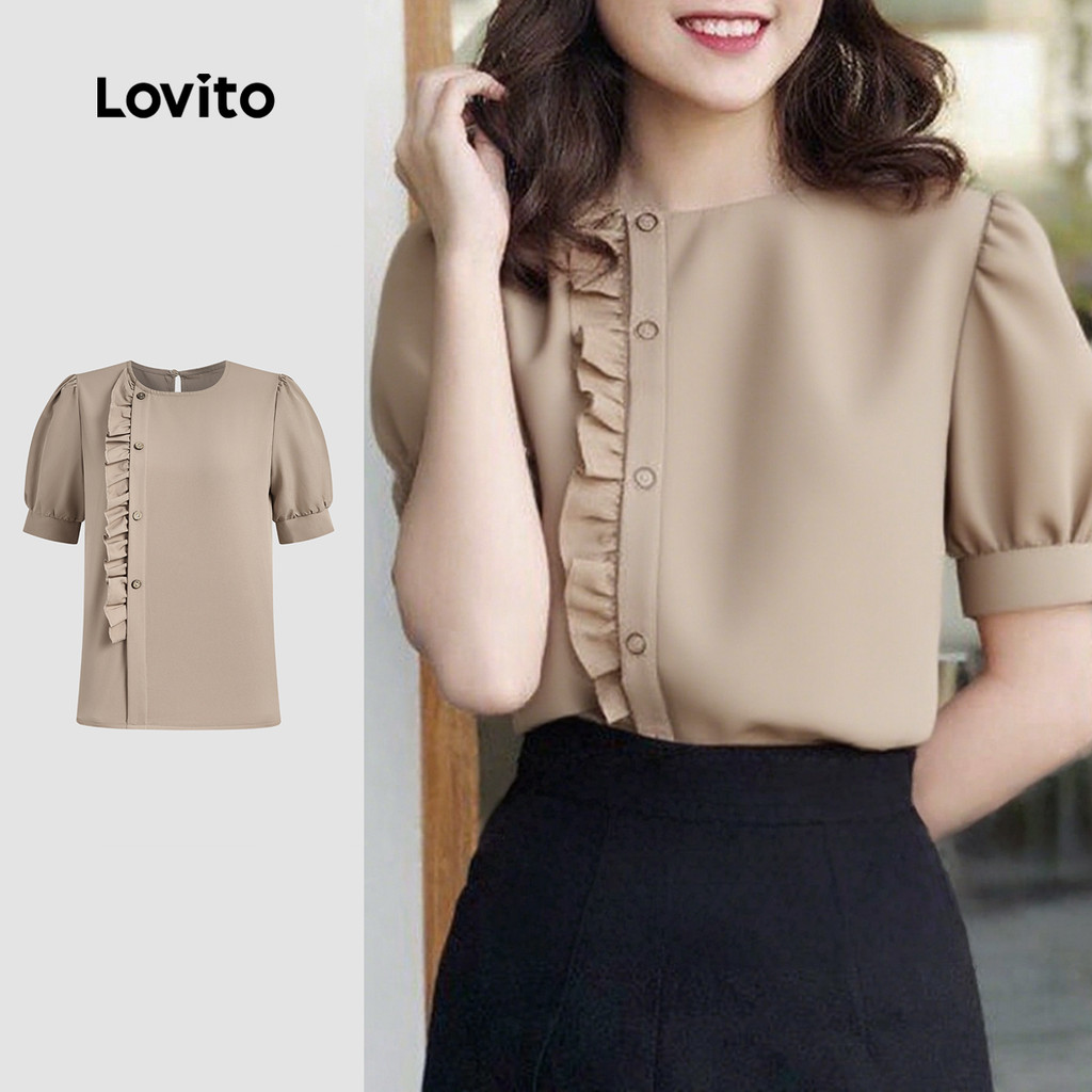 (Elegante) Lovito Blusa com Acabamento em Alface de Primavera/verão Cor Cáqui pa