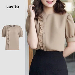 (Elegante) Lovito Blusa com Acabamento em Alface de Primavera/verão Cor Cáqui para mulheres L154ED195