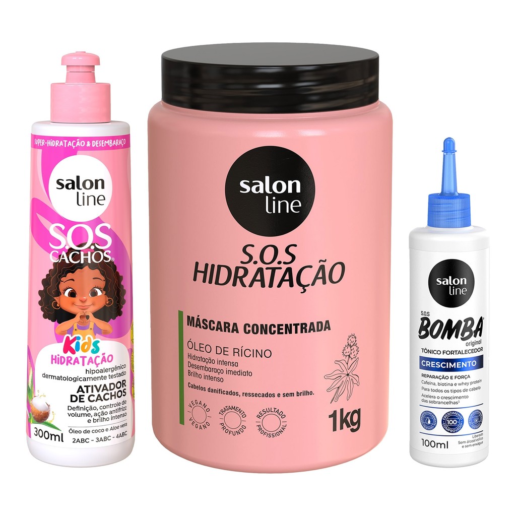 Kit com Ativador de Cachos + Máscara Hidratação Turbinada + Tônico Fortalecedor Salon Line