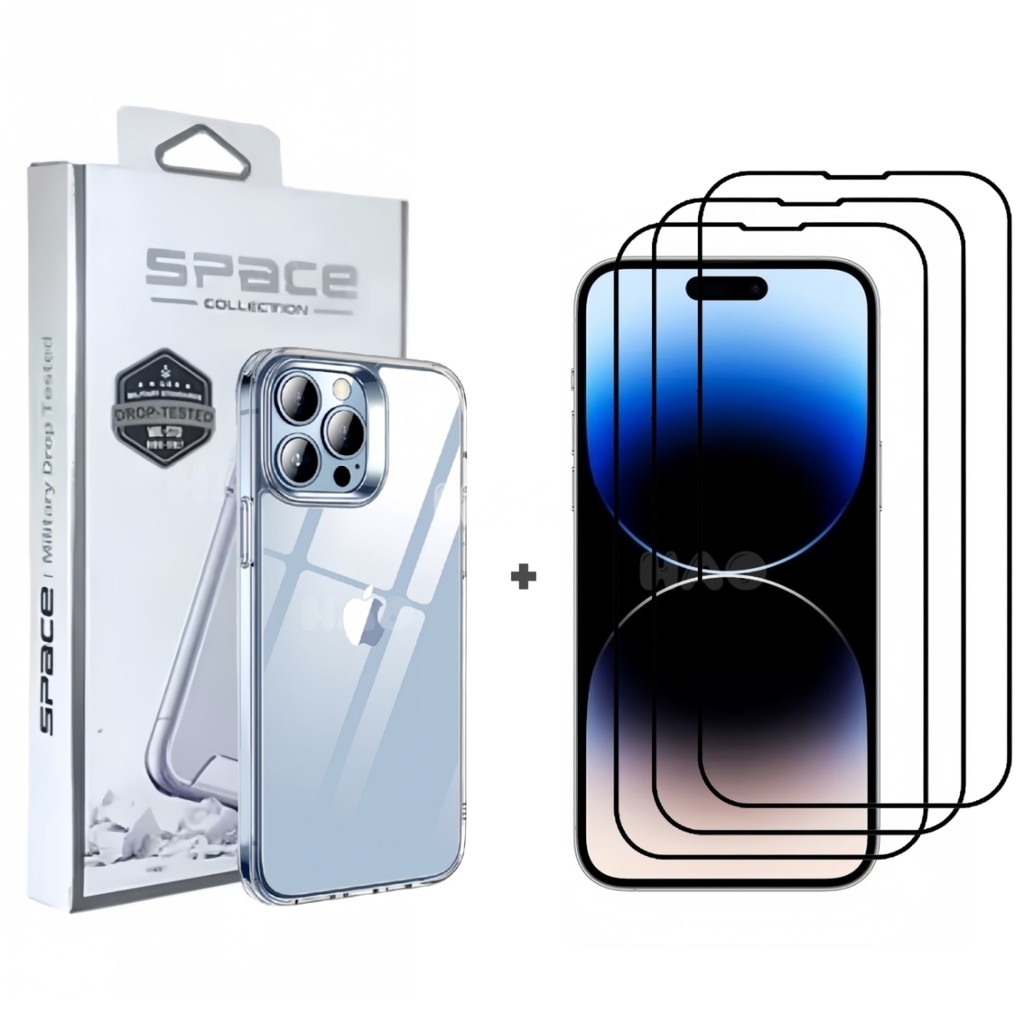 Kit 3 Película Vidro 3D + Capa Capinha Space Transparente Apple IPhone 7/8 Plus 11 ProMax 12 13 14 15 16 17 Pro Max Air em Oferta na Shopee