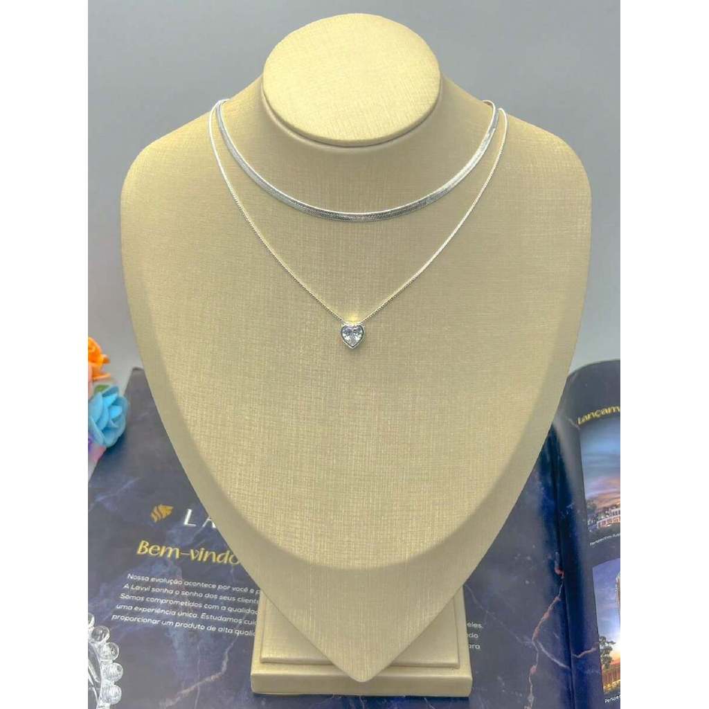 KIT 2 Choker Colar Laminado + Colar Com coração Ponto De Luz banhado a prata 925