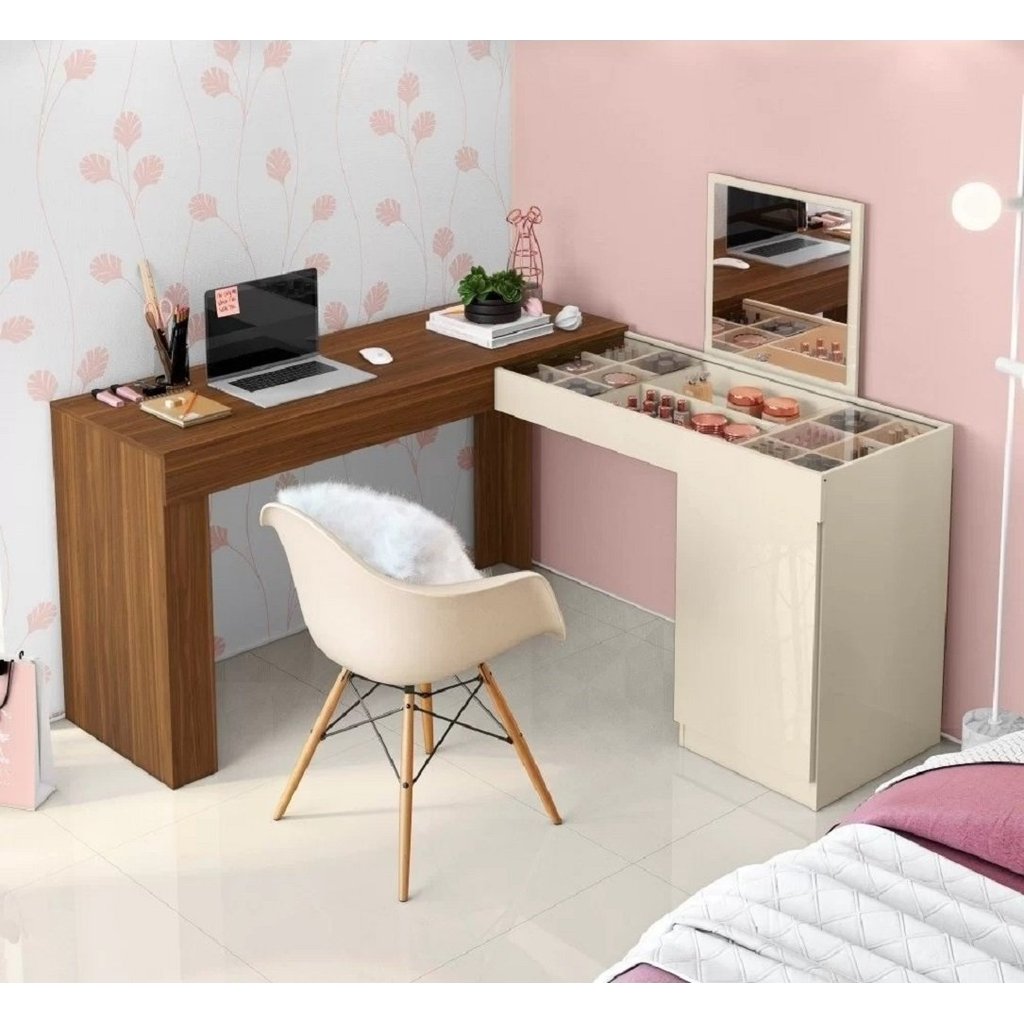 Escrivaninha Mesa Escritório Penteadeira de Canto 136x136cm com Espelho 1 Porta Star Freijó/Off White