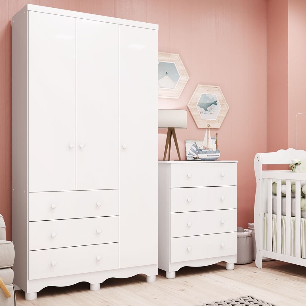 Quarto Infantil com Guarda-Roupa 3 Portas e Cômoda 4 Gavetas 100% MDF Mimo Espresso Móveis Branco Brilho em Oferta na Shopee
