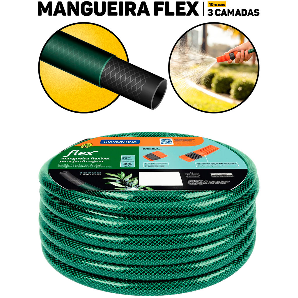 Mangueira Para Jardim Tramontina Flex 10m Em PVC 3 Camadas Com Engate Rosqueado E Esguicho	 em Oferta na Shopee