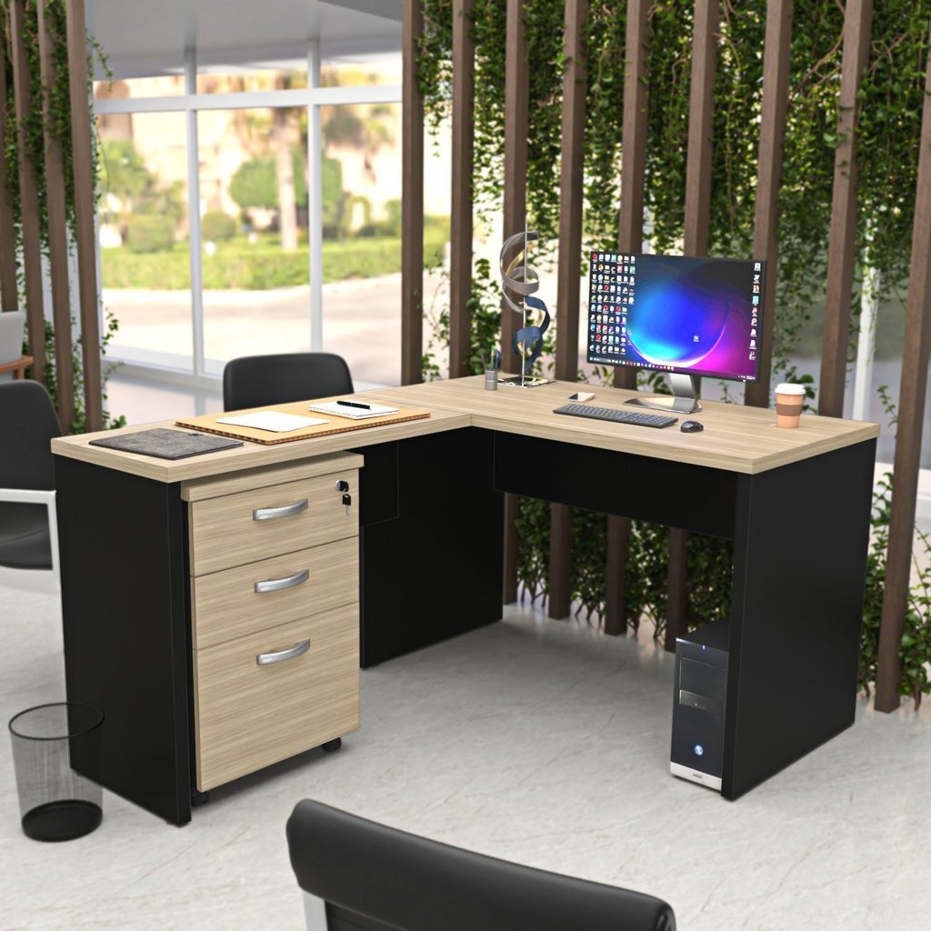 Escrivaninha Mesa Escritório em L com Gaveteiro 3 Gavetas com Chave 120cmx150cm Preto/Bege em Oferta na Shopee