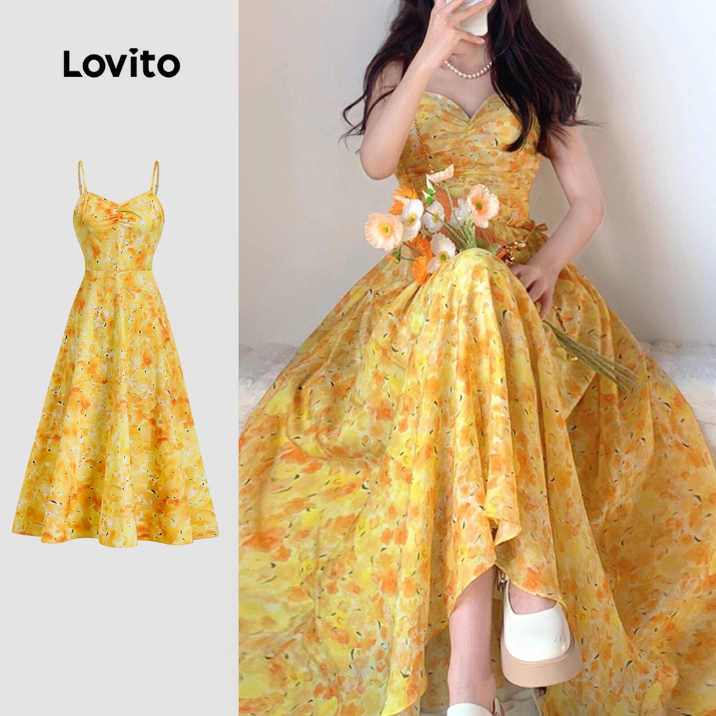 Lovito Vestido Casual de Estrutura com Pregas Primavera/verão Amarelo para Mulheres L138ED249 em Oferta na Shopee