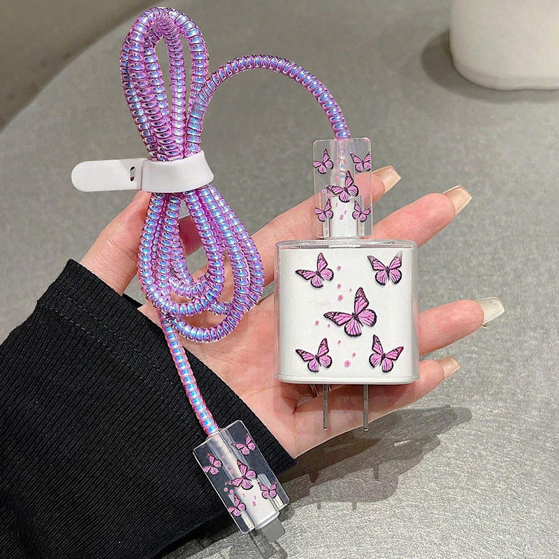 Capa Protetora Para Carregador De Cabo , Iphone 20W , Estilo Borboleta , Enrolador Espiral