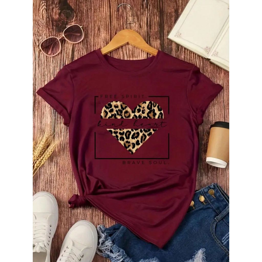 T-shirt Feminina Camiseta Estampada Coração de onça delicada - Premium Casual confortável