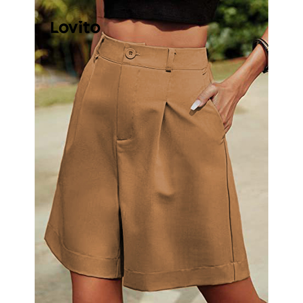 Detalhes do Lovito Shorts Casuais Com Bolso Liso E Plissado De Verão Para Mulheres LNL43146