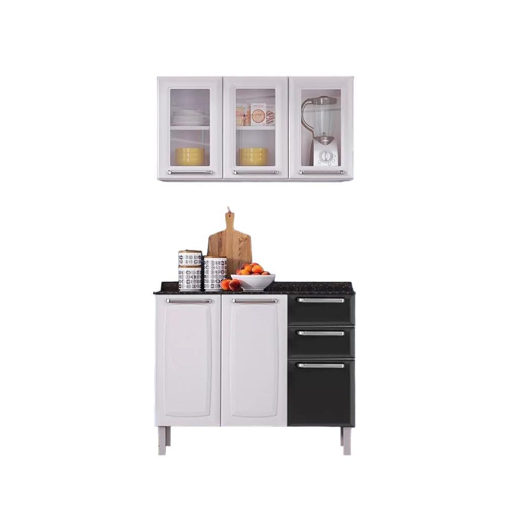 Kit Balcão 3 Portas 2 Gavetas Preto com Armário Aéreo 3 Portas 3 Vidros Branco Itatiaia Luce