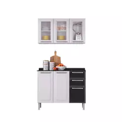 Kit Balcão 3 Portas 2 Gavetas Preto com Armário Aéreo 3 Portas 3 Vidros Branco Itatiaia Luce