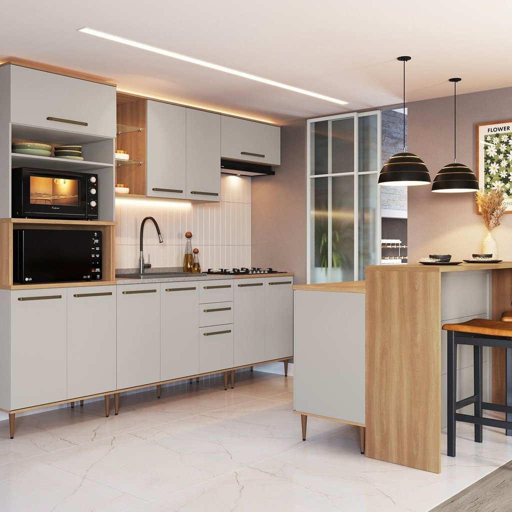 Cozinha Modulada Completa 8 Peças com Cristaleira 15 Portas 2 Gavetas com Bancada Isabelle Freijó/Arenas