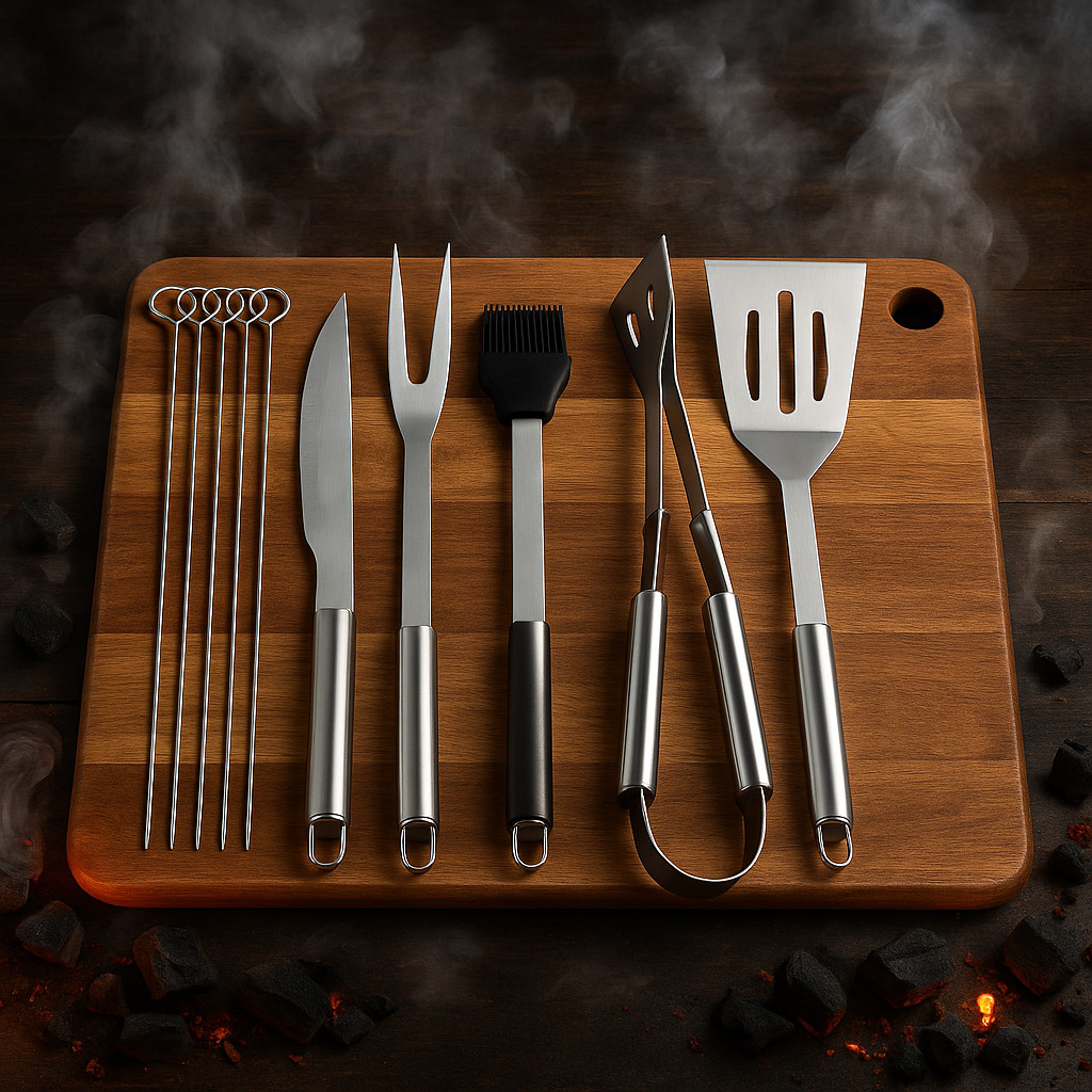 Imagem Kit Churrasco Aço Inox Profissional utensílios 9 Peças faca garfo espátula pegador maleta completa