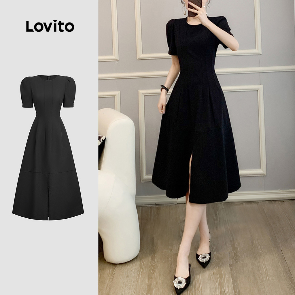 Lovito Vestido Elegante com Divisão Estrutura de Linha Primavera/verão Vestido Preto para mulheres L155AD1566 em Oferta na Shopee