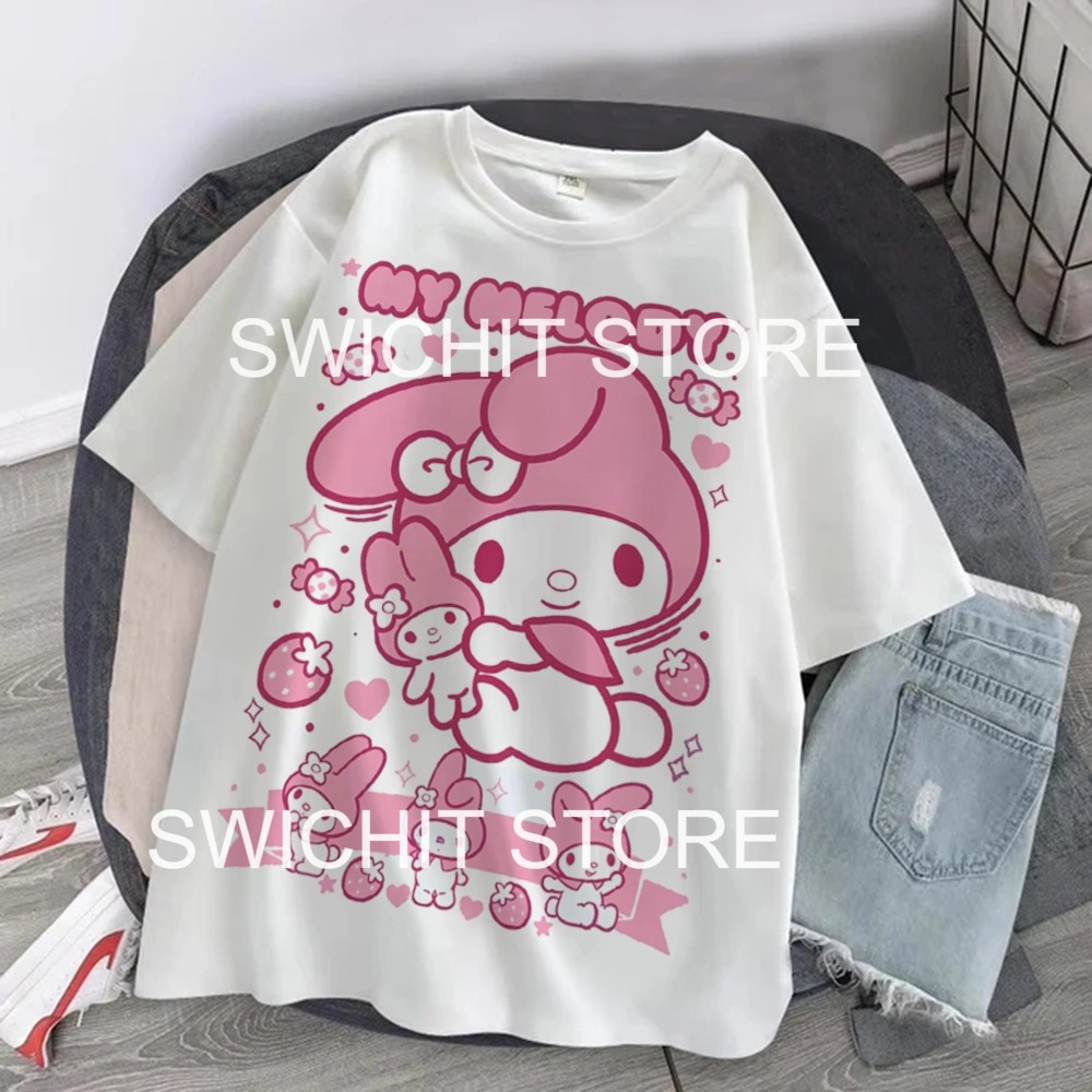 Camiseta  Branca Sanrio  Hello Kitty Melody Kuromi Cinnamoroll Japonês Harajuku