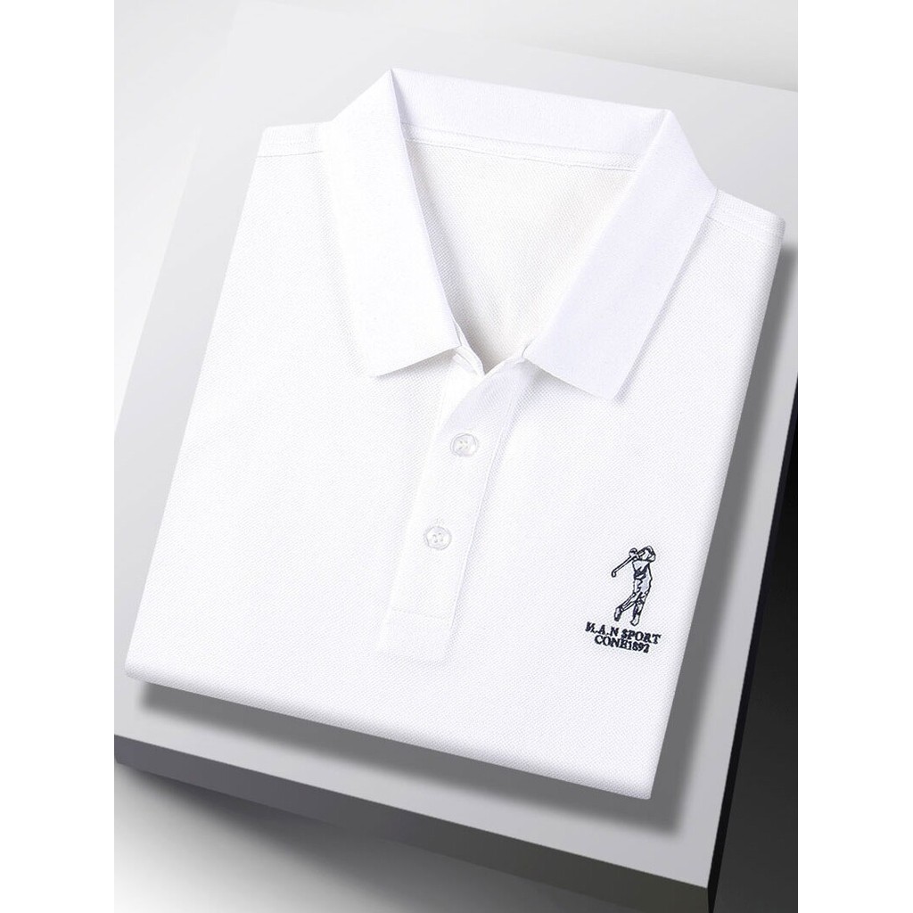 High-End verão novo estilo branco puro algodão de manga curta camiseta masculina lapela respirável moda Casual topo cami