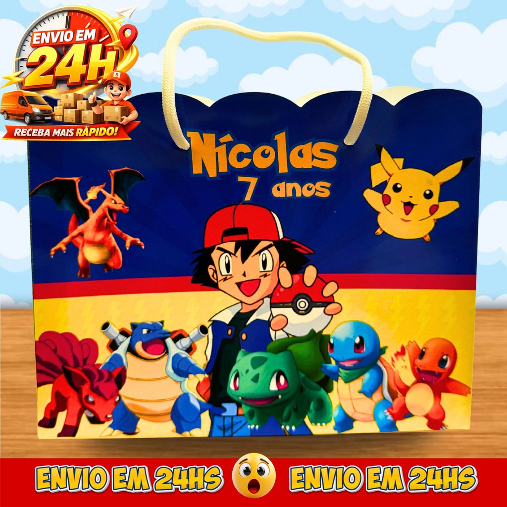 Sacolinhas Pokémon Personalizadas - Lembrancinhas Pikachu anime Infantil Premium com Nome e Idade