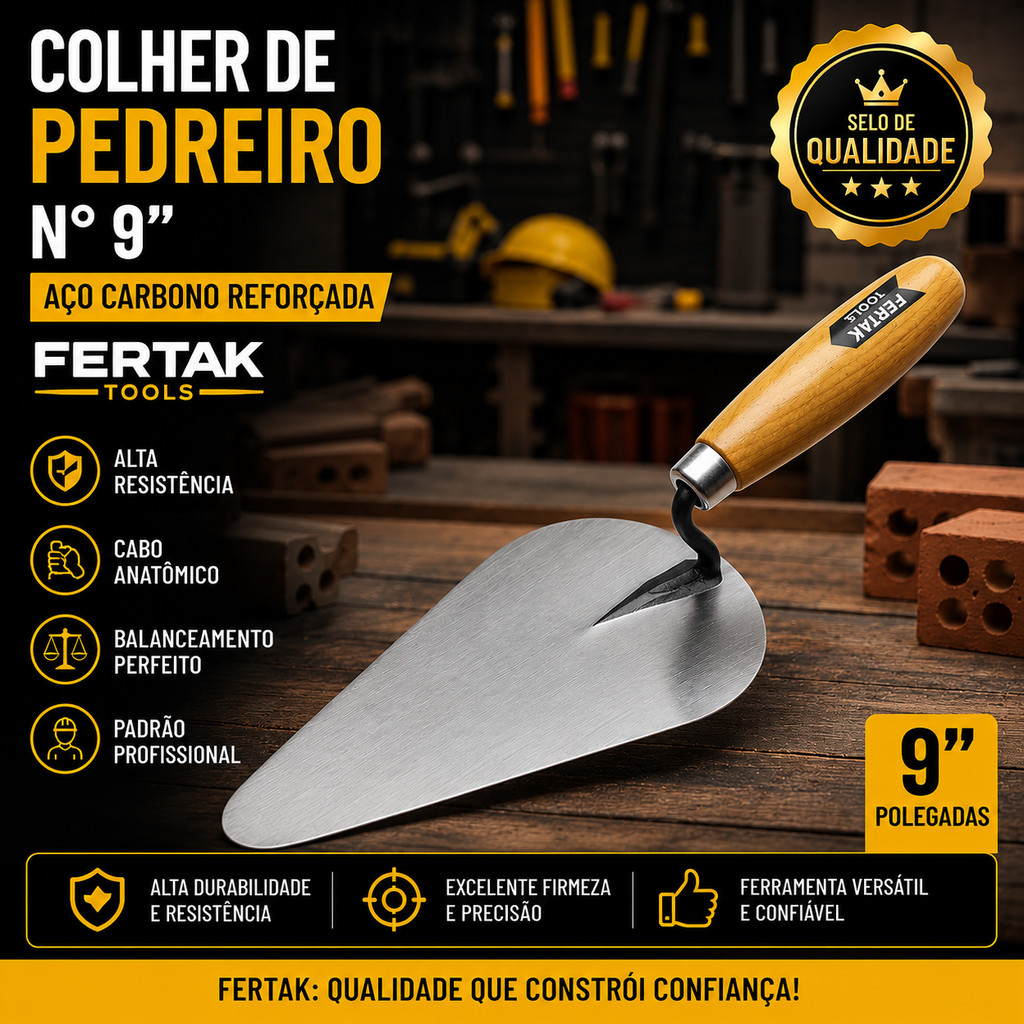 Colher de Pedreiro N° 9" Fertak Aço Carbono Reforçada Profissional Construção Alvenaria