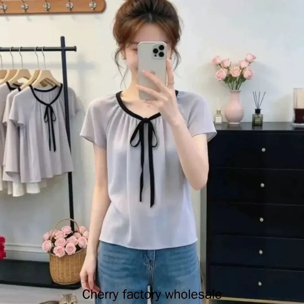 Moda feminina roupas estilo suave arco Chiffon camisa de manga curta amarrado topo roupas femininas