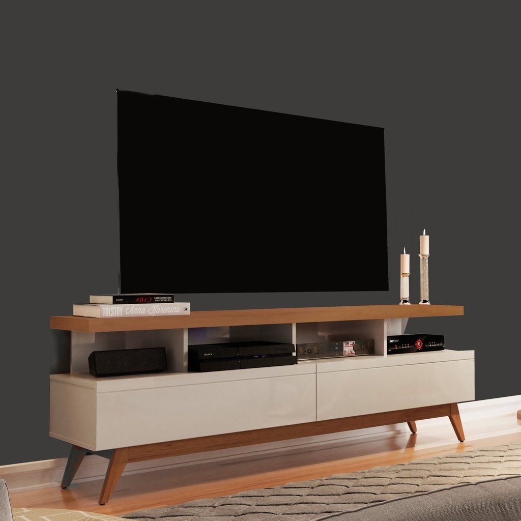 Rack para TV até 60 Polegadas MDF 160cm Pés em Madeira Maciça Vivare Bege Off White/Freijó