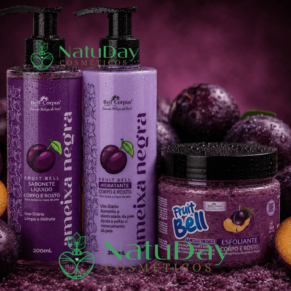 Kit Corporal e Facial Ameixa Negra Sabonete Líquido Hidratante e Esfoliante Fruit Bell