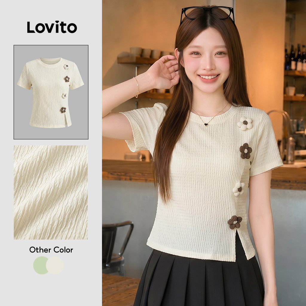 Lovito Casual Camiseta Com Pregas De Flores Lisas Para Mulheres LNA66479 (Multicolorido)