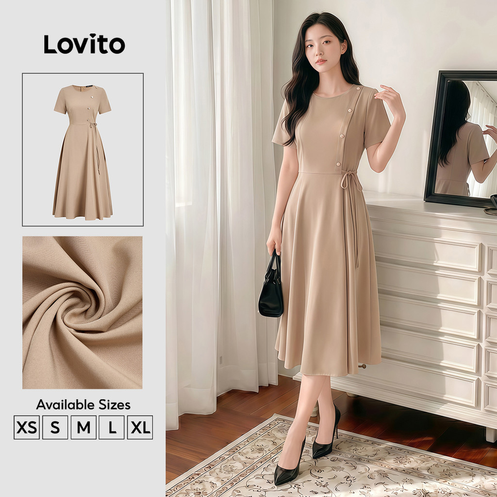 Lovito Elegante Vestido com Botões Trabalho Primavera/verão Cor Cáqui para mulheres Bordado L177ED1071