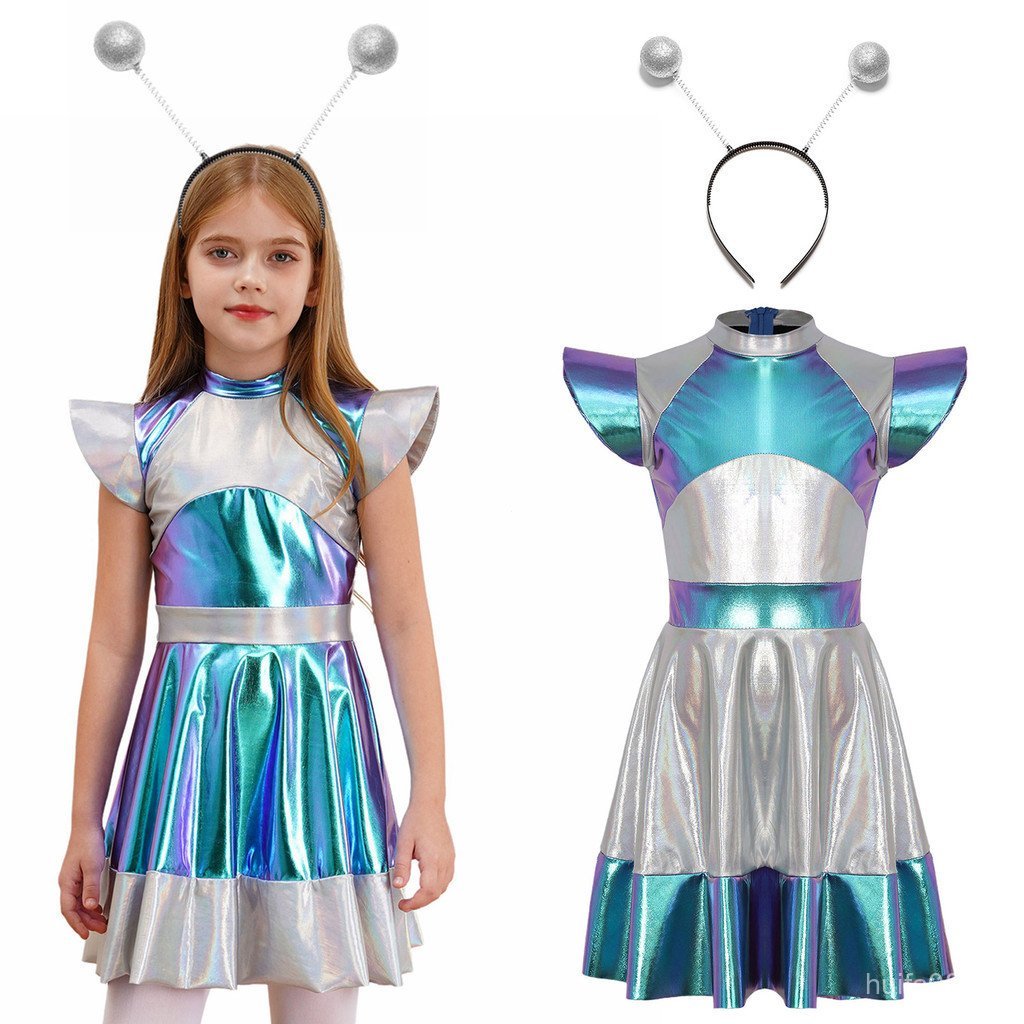 inhzoy Fantasia de Halloween para Meninas, Fantasia de Alienígena do Espaço, Vestido Fofo com Acessório de Tiara de Cabe
