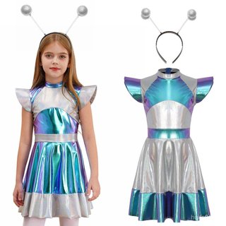 inhzoy Fantasia de Halloween para Meninas, Fantasia de Alienígena do Espaço, Vestido Fofo com Acessório de Tiara de Cabe