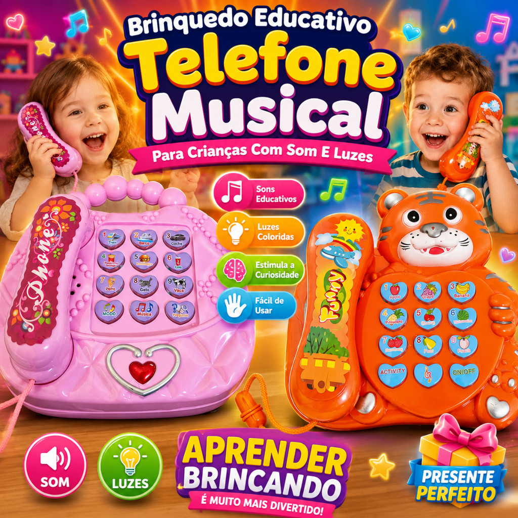 Brinquedo Educativo Telefone Musical Para Crianças Com Som E Luzes