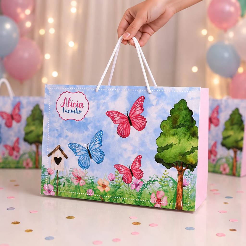 Sacolinhas Personalizada tema JARDIM ENCANTADO BORBOLETA | Lembrancinhas de festas Aniversário | Pegue e monte