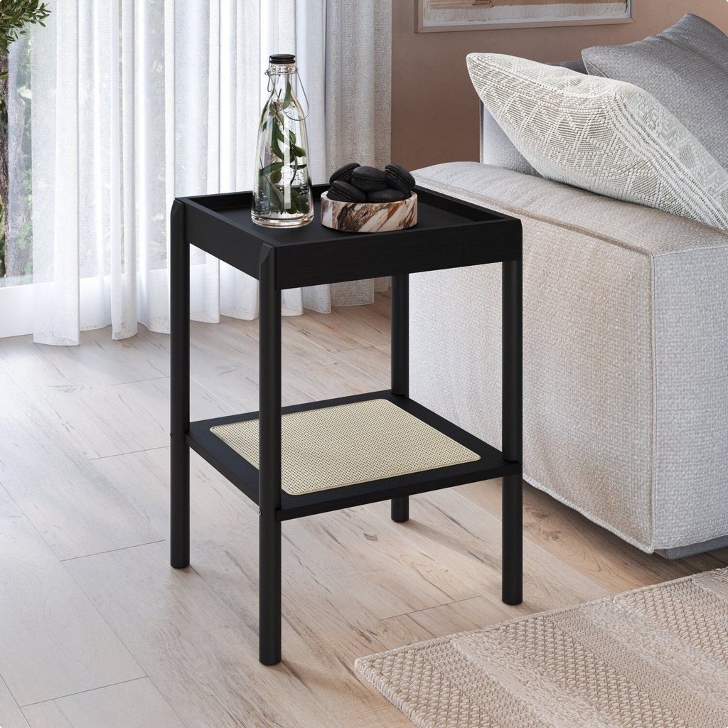 Mesa Lateral Quadrada com Prateleira 43cm Palhinha Pé Madeira Oslo Preto Nero Telado