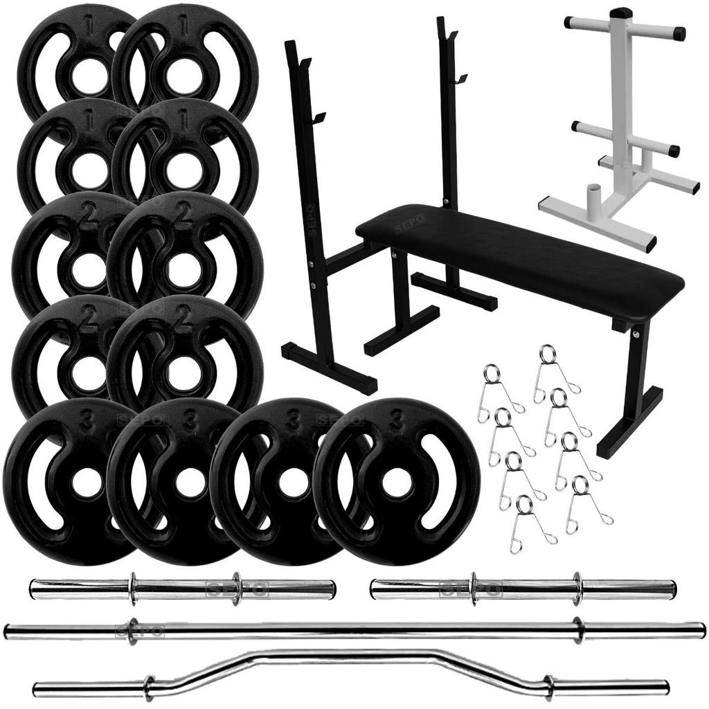 Kit 24Kg Anilhas Emborrachadas Pretas com Barras Ocas + Banco para Supino + Suporte 120Kg
