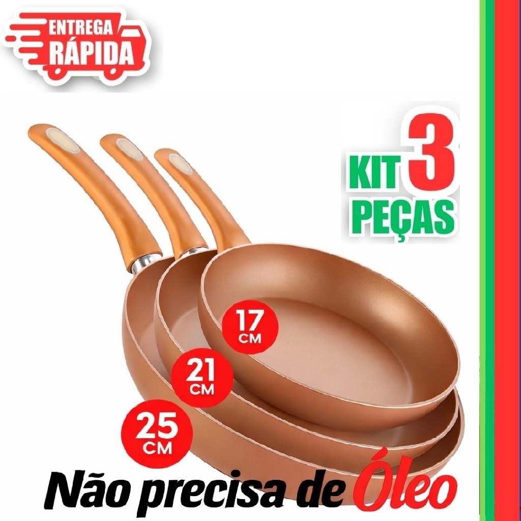 3 Frigideiras 17cm, 21cm, 25cm Antiaderente Estilo de Cobre Premium Revestimento em Cerâmico