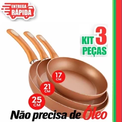 3 Frigideiras 17cm, 21cm, 25cm Antiaderente Estilo de Cobre Premium Revestimento em Cerâmico