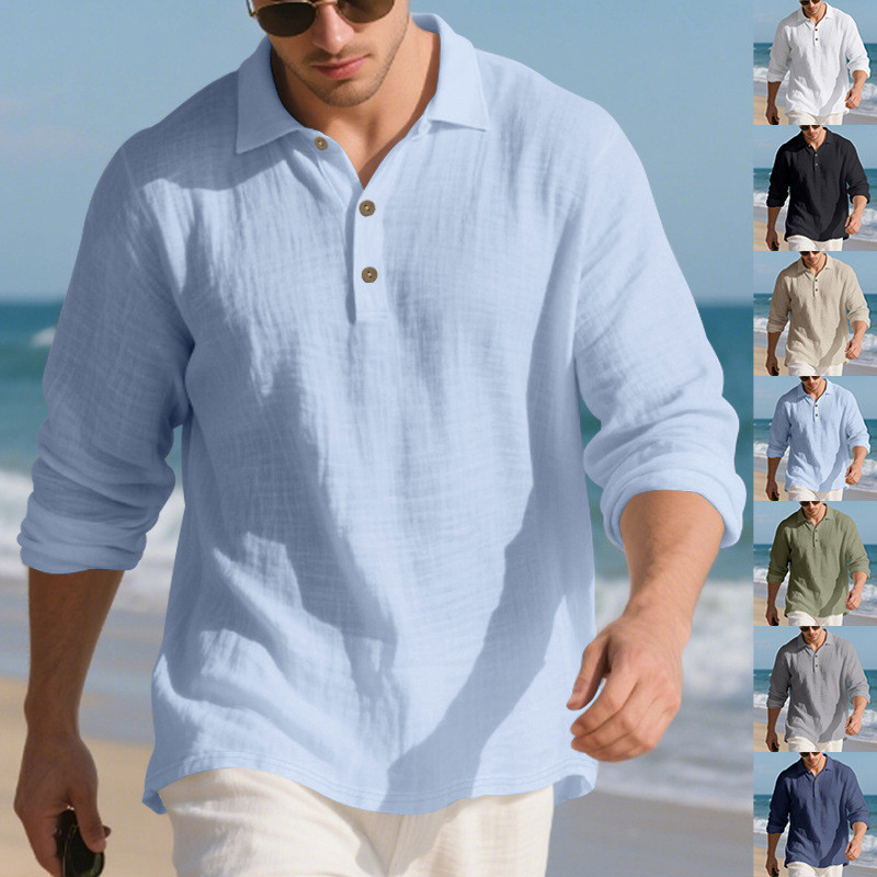 Camisa masculina Casual Sub manga comprida lapela botão largo Top praia férias lazer 7.19