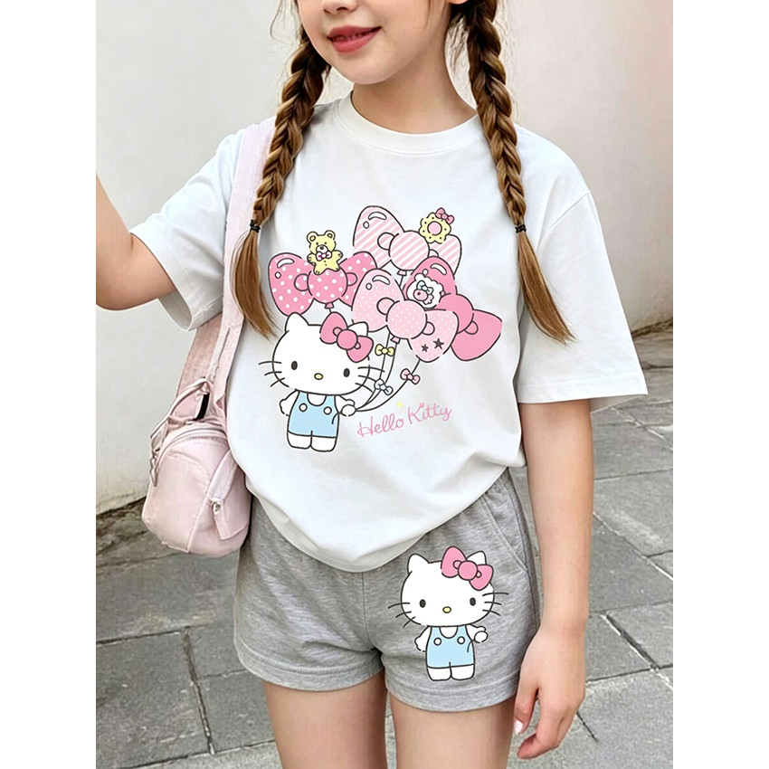 Camiseta Masculina Feminina Oversized Estampa Hello Kitty Balões Rosa, Camiseta Streetwear Sanrio Kawaii, Camiseta
