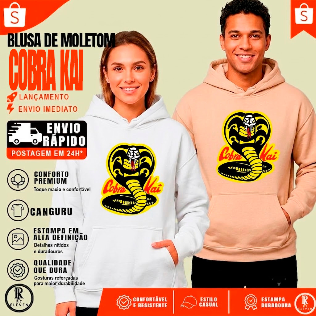 Moletom Cobra Kai Dojo casaco Blusa De Frio moletom Unissex Premium canguru com bolso capuz Diversas Cores Plus Size