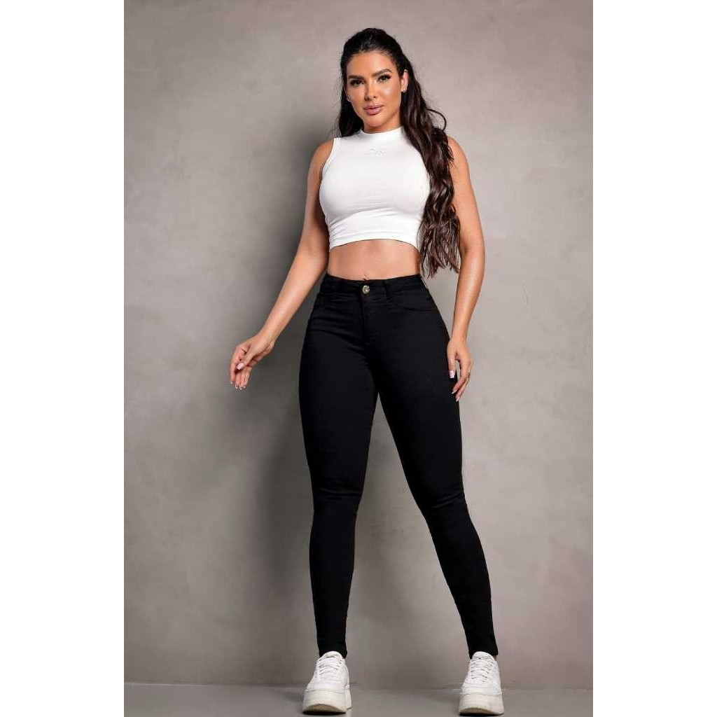 Calça Feminina Preta Decalk Jeans Modeladora Empina Bumbum Skinny Estilo Casual Chique
