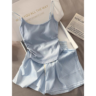 Calças Listradas De Camisola Azul Com Almofadas Embutidas , Pijama Feminino , Regata , Shorts , Conjunto De Roupa De Dor