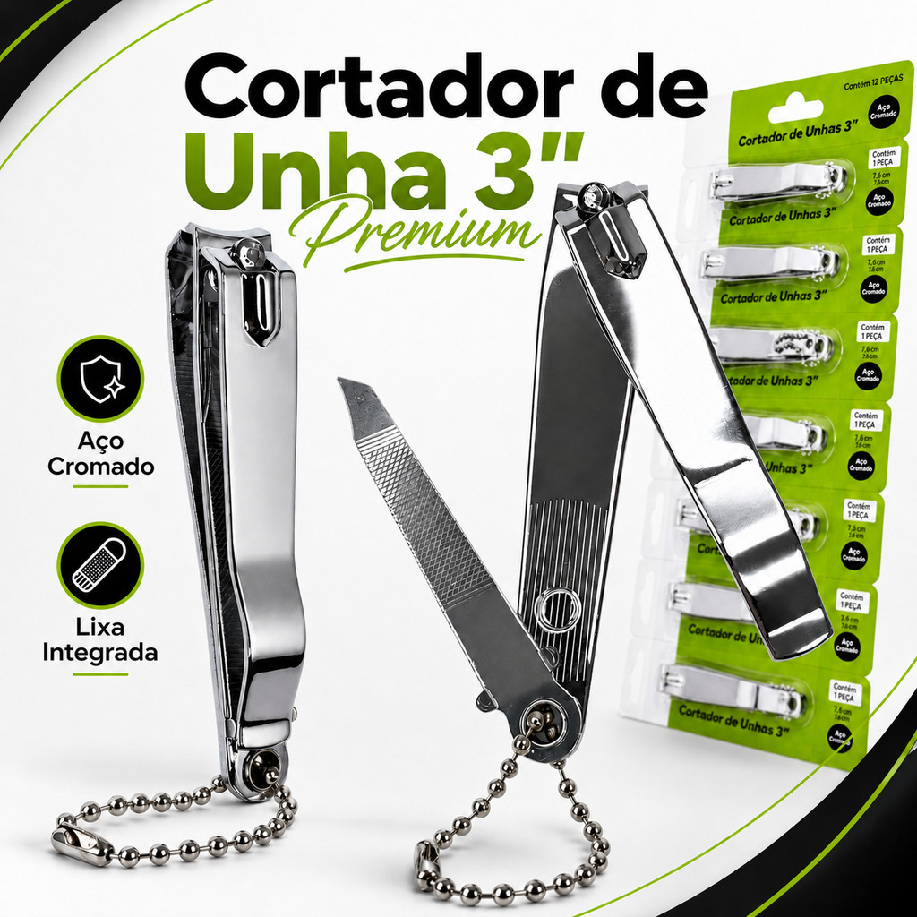 Cortador de Unha Unheiro Grande com Lixa Integrada em Aço Cromado para Mãos e Pés