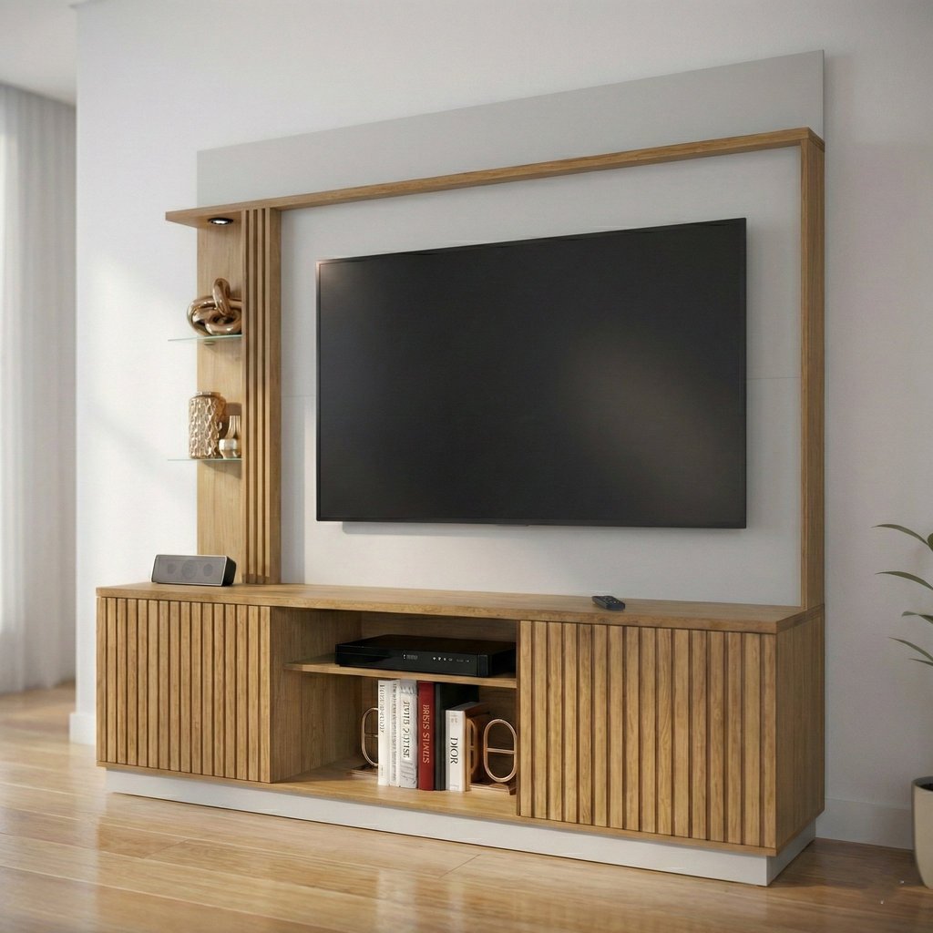 Estante para TV e Home Theater Ripado para TV até 65 Polegadas com LED 201CMX187CM 2 Portas LED Embutido Atlanta Marrom