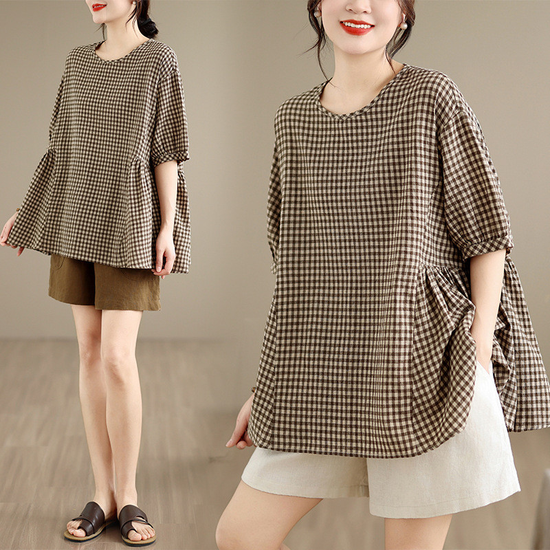 Olhos grandes [Roupas femininas estilo Yamamoto] Camisa de manga curta-2026 Roupas femininas Plus Size Top feminino retr